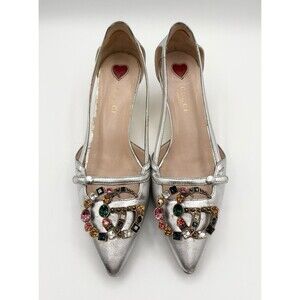 Gucci Silver Pointed Toe Pumps w/ Rhinestone GG Accent & Bamboo Heels Sz EU 36